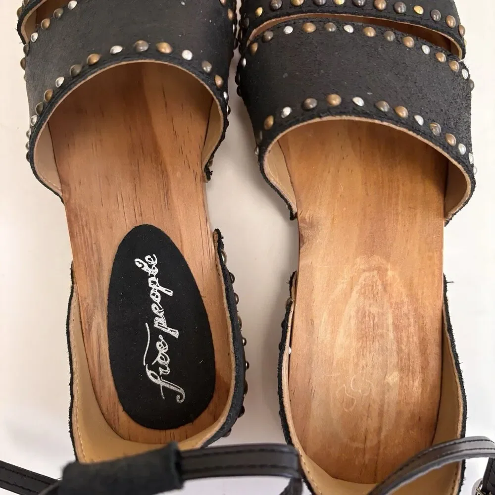 FREE PEOPLE Wooden Heels Black Leather North Shore Sandals Women’s 38 (US 7.5-8) - Picture 8 of 10